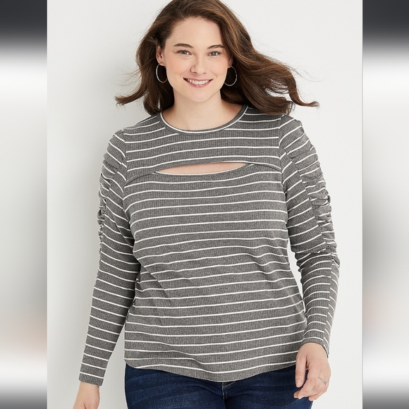Maurices Tops - Maurices Gray Striped Cutout Neck Top